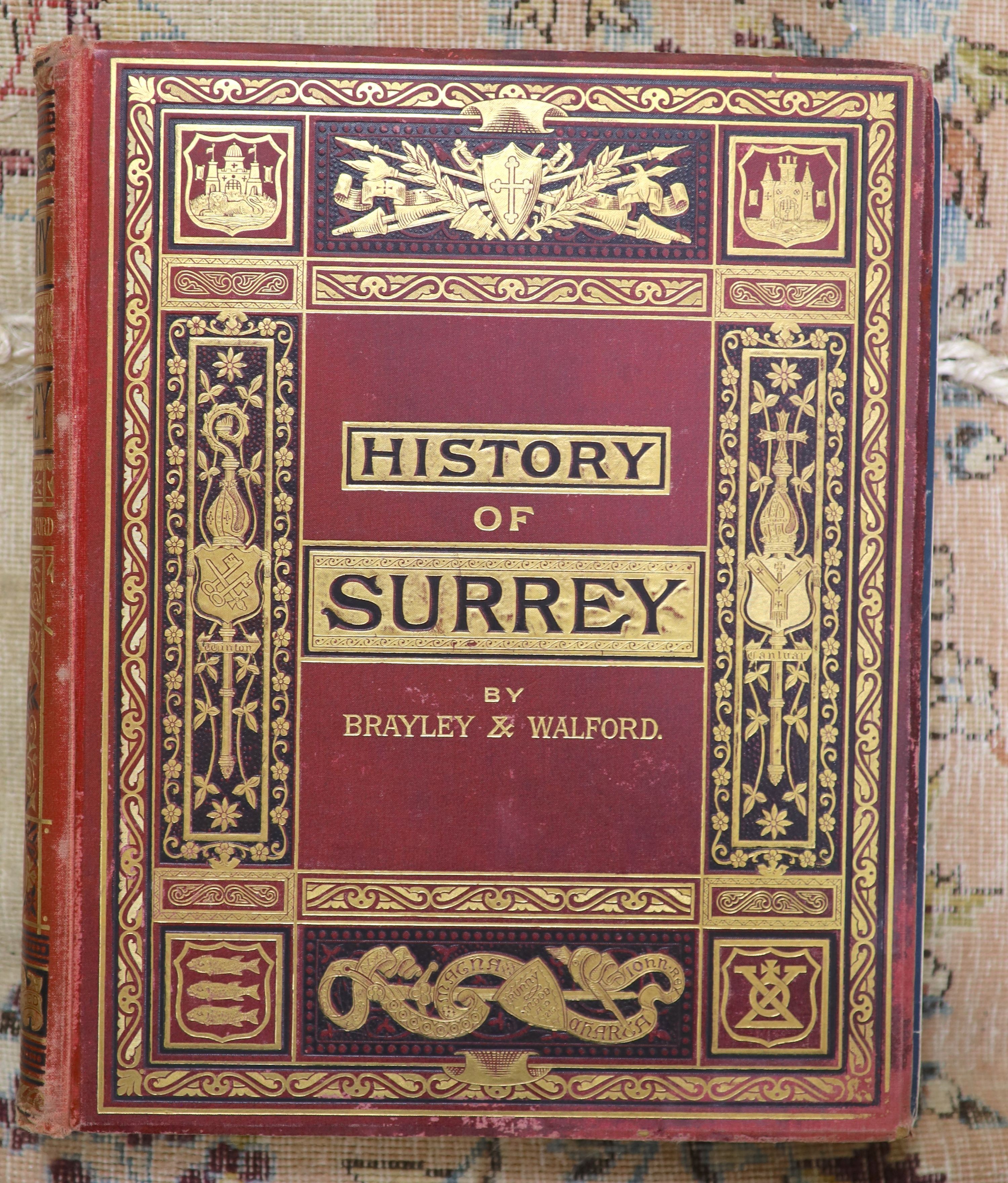 Brayley, Edward Wedlake - A Topographical History of Surrey, edited and revised by Edward Walford. 4 vols, complete with a steel engraved title page vignette to each and 75 steel engraved plates, of which 3 are coloured